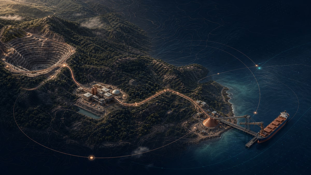 Illustrative oblique view of an open-pit copper mine, processing plant, concentrate corridor, coastal port, and cargo vessel connected by restrained path lines.
